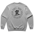 A heather gray crewneck sweatshirt shown from the back, featuring a black graphic print of a surfer inside a circular logo that reads 'OCEAN SPORTS BOARD RIDERS' and 'BRIGHTON'.