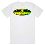A white short-sleeve t-shirt with a graphic printed on the chest. The graphic is an oval shape with a black top half, yellow text reading 'OCEAN SPORTS' and 'BOARD RIDERS', and a green bottom half with 'SURF SHOP' and 'BRIGHTON'.