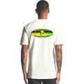 A man viewed from the back wearing a cream-colored t-shirt with a green and yellow 'Ocean Sports Board Riders' graphic printed on the upper back.