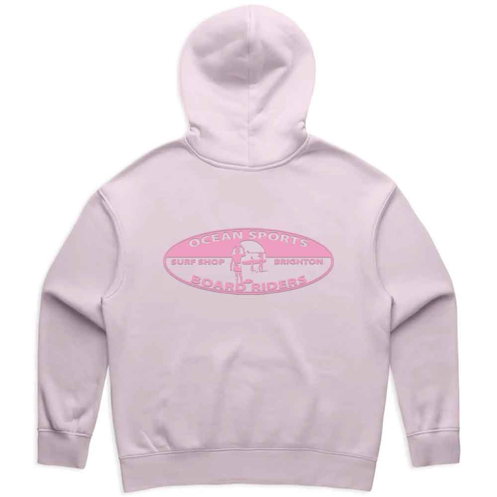 A light pink hoodie shown from the back, featuring a pink graphic print that reads 'OCEAN SPORTS SURF SHOP BRIGHTON' with a surfer silhouette.