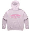 A light pink hoodie shown from the back, featuring a pink graphic print that reads 'OCEAN SPORTS SURF SHOP BRIGHTON' with a surfer silhouette.