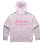 A light pink hoodie shown from the back, featuring a pink graphic print that reads 'OCEAN SPORTS SURF SHOP BRIGHTON' with a surfer silhouette.
