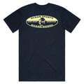 A navy blue short-sleeve t-shirt with a vintage-style cream graphic on the chest that reads 'OCEAN SPORTS SURF SHOP BRIGHTON BOARD RIDERS' with a surfer illustration.