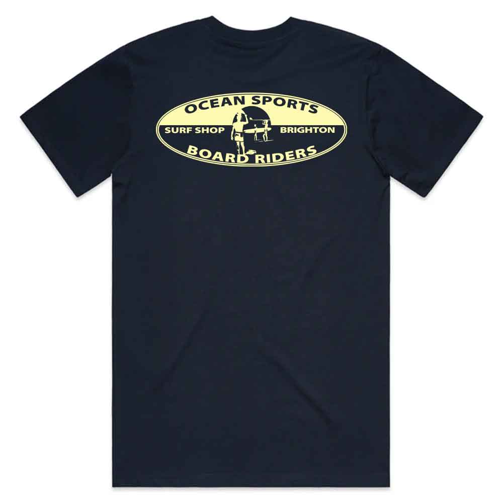 A navy blue short-sleeve t-shirt with a vintage-style cream graphic on the chest that reads 'OCEAN SPORTS SURF SHOP BRIGHTON BOARD RIDERS' with a surfer illustration.