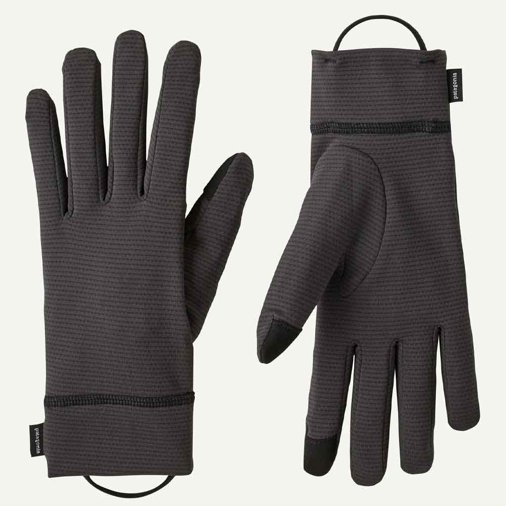 A pair of dark gray textured touchscreen gloves shown from both the palm and back views on a light off-white background. The gloves feature black fingertips and a small black brand tag on the cuff.