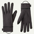 A pair of dark gray textured touchscreen gloves shown from both the palm and back views on a light off-white background. The gloves feature black fingertips and a small black brand tag on the cuff.