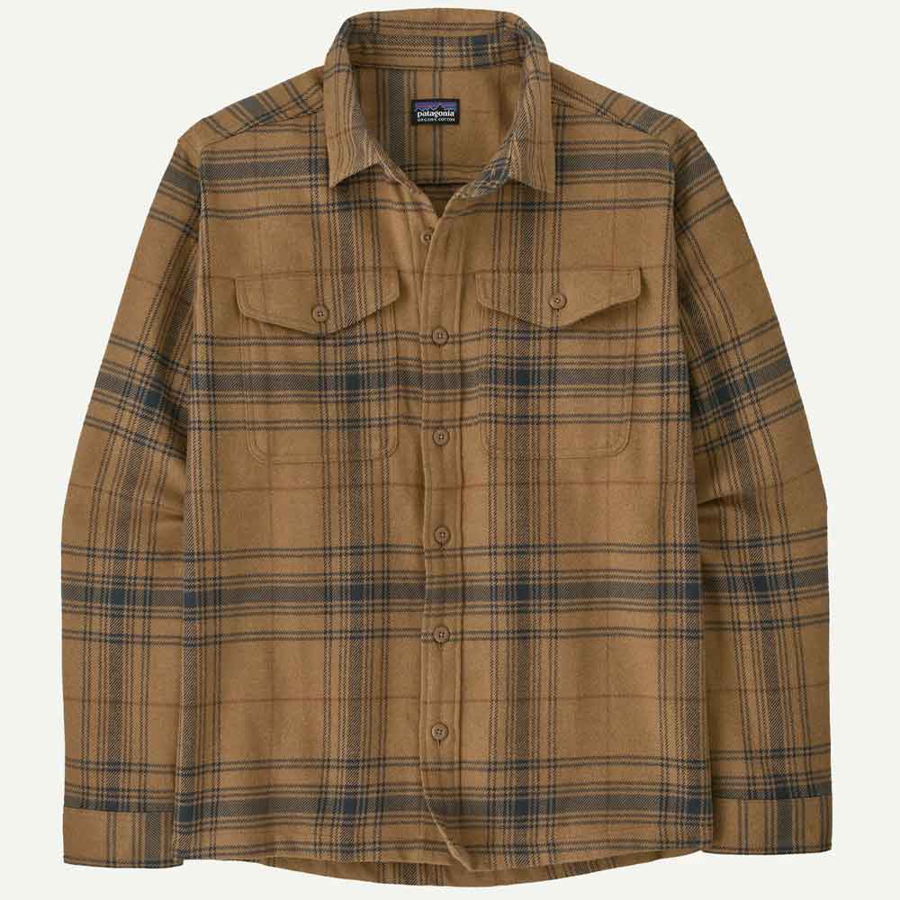 A Patagonia long-sleeve button-up flannel shirt in a tan and brown plaid pattern with dark blue accents, shown flat against a light off-white background.