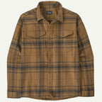 A Patagonia long-sleeve button-up flannel shirt in a tan and brown plaid pattern with dark blue accents, shown flat against a light off-white background.