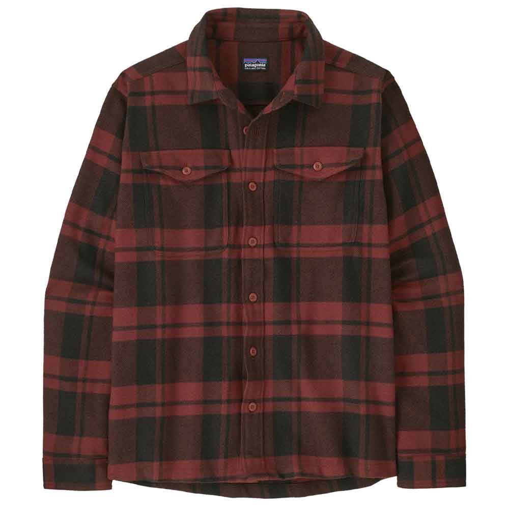 A Patagonia long-sleeve flannel shirt in a dark red and black plaid pattern, shown flat against a white background.