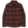 A Patagonia long-sleeve flannel shirt in a dark red and black plaid pattern, shown flat against a white background.