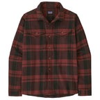 A Patagonia long-sleeve flannel shirt in a dark red and black plaid pattern, shown flat against a white background.