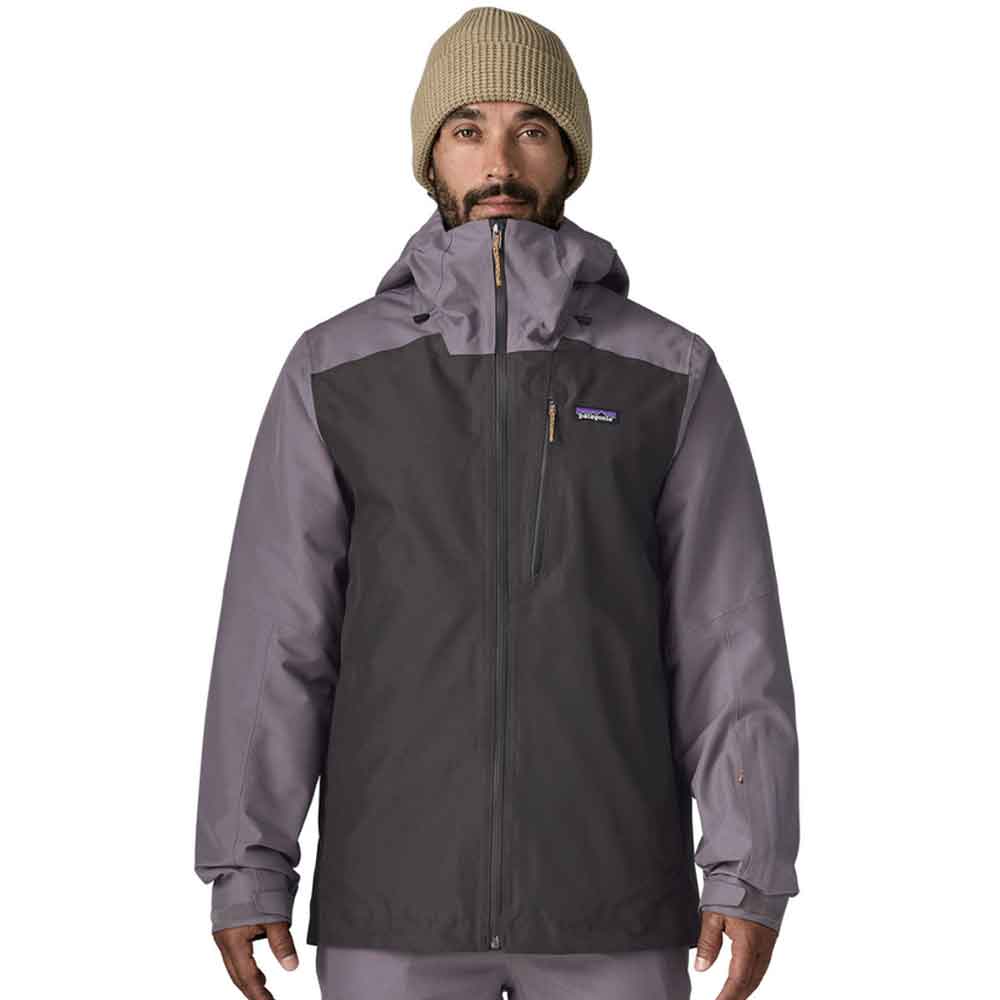 A Patagonia hooded jacket in dark charcoal gray and medium gray, featuring a full-length front zipper, a zippered chest pocket, and the Patagonia logo on the left chest.