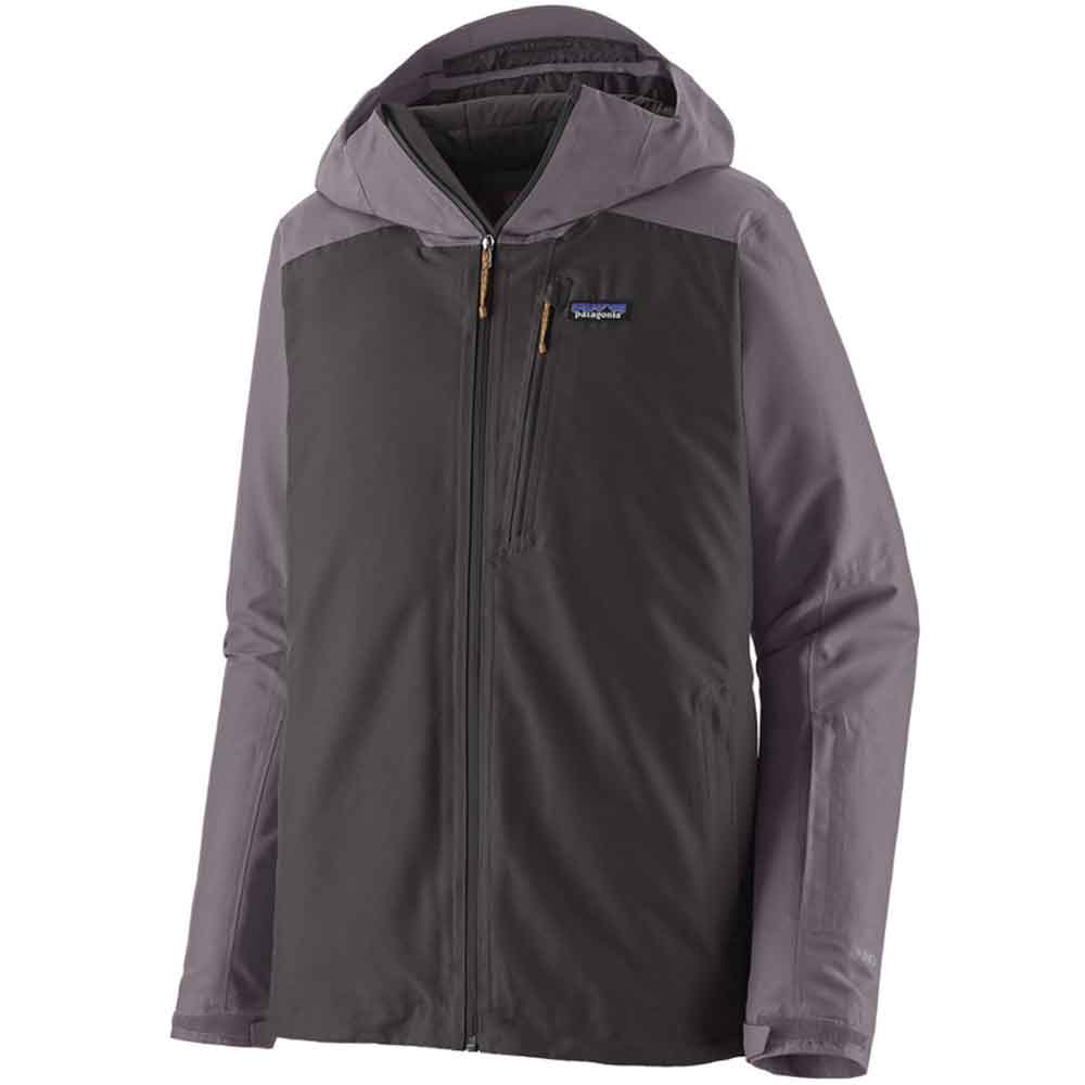 A Patagonia hooded jacket in dark charcoal gray and medium gray, featuring a full-length front zipper, a zippered chest pocket, and the Patagonia logo on the left chest.