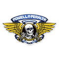 A Powell Peralta skateboards logo sticker featuring a white skull with blue eyes, yellow wings, and blue banners on a white background.