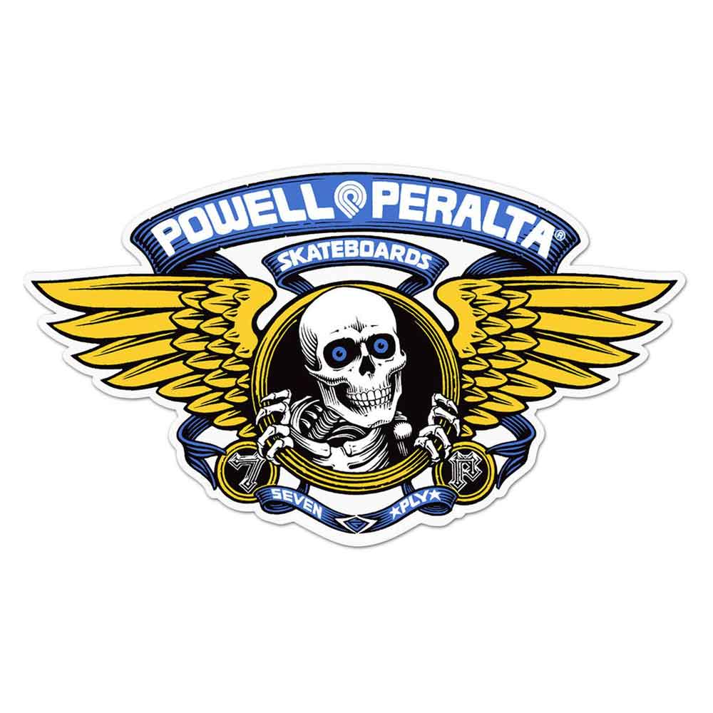 A Powell Peralta skateboards logo sticker featuring a white skull with blue eyes, yellow wings, and blue banners on a white background.