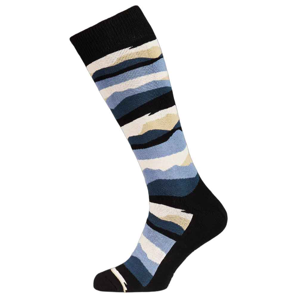 A single knee-high sock with a horizontal wavy stripe pattern in shades of navy, blue, beige, and cream, finished with solid black heels, toes, and cuff.