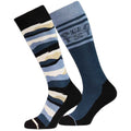 knee-high socks in shades of navy, blue, beige, and cream, finished with solid black heels, toes