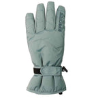 A single light sage green ski glove with a black wrist strap and the brand name 'PROTEST' printed vertically on the back of the hand, shown against a plain white background.