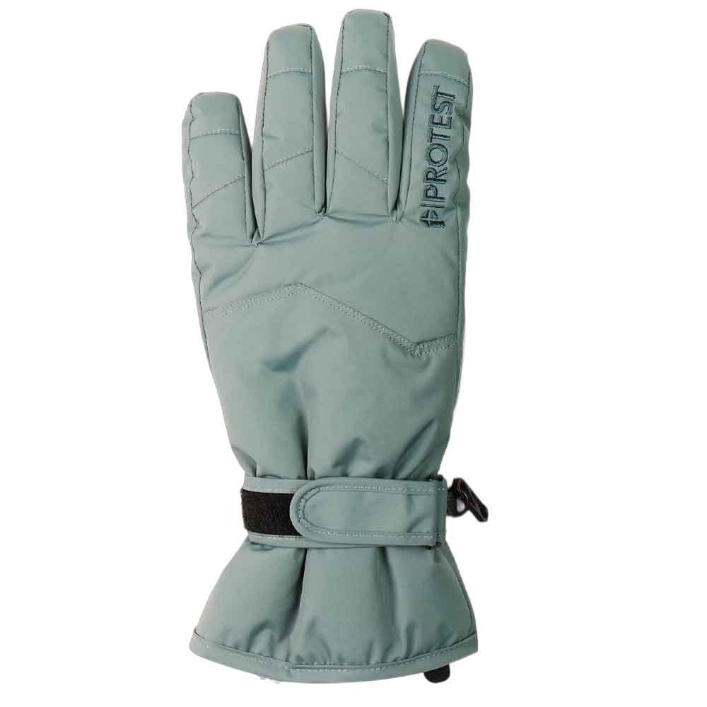 A single light sage green ski glove with a black wrist strap and the brand name 'PROTEST' printed vertically on the back of the hand, shown against a plain white background.