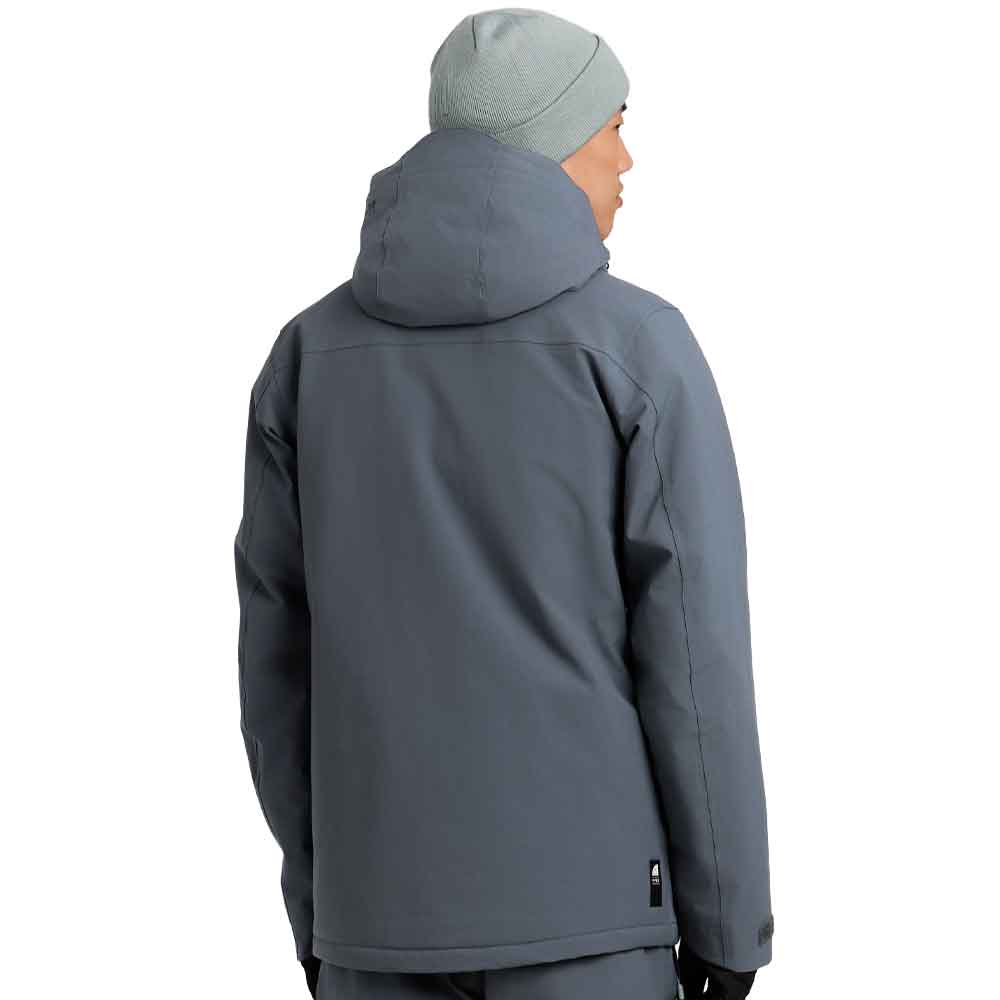 A person shown from the back wearing a dark gray hooded jacket and a light gray beanie against a plain white background.