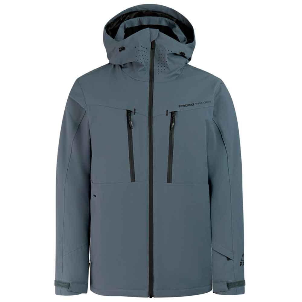A slate blue-gray hooded technical jacket with black zippers and a black inner hood lining, shown against a plain white background.