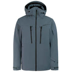 A slate blue-gray hooded technical jacket with black zippers and a black inner hood lining, shown against a plain white background.