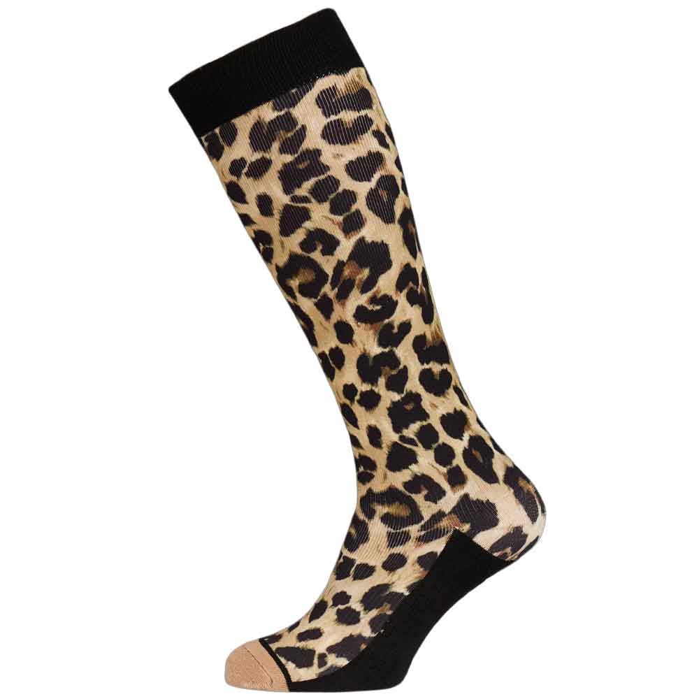 A single knee-high sock with a leopard print pattern on a beige background, featuring black cuffs, heels, and toes, shown against a plain white background.