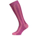 A single knee-high athletic sock in a heathered magenta-purple color, featuring vertical ribbed stripes and reinforced zones at the cuff, heel, and toe, shown against a plain white background.