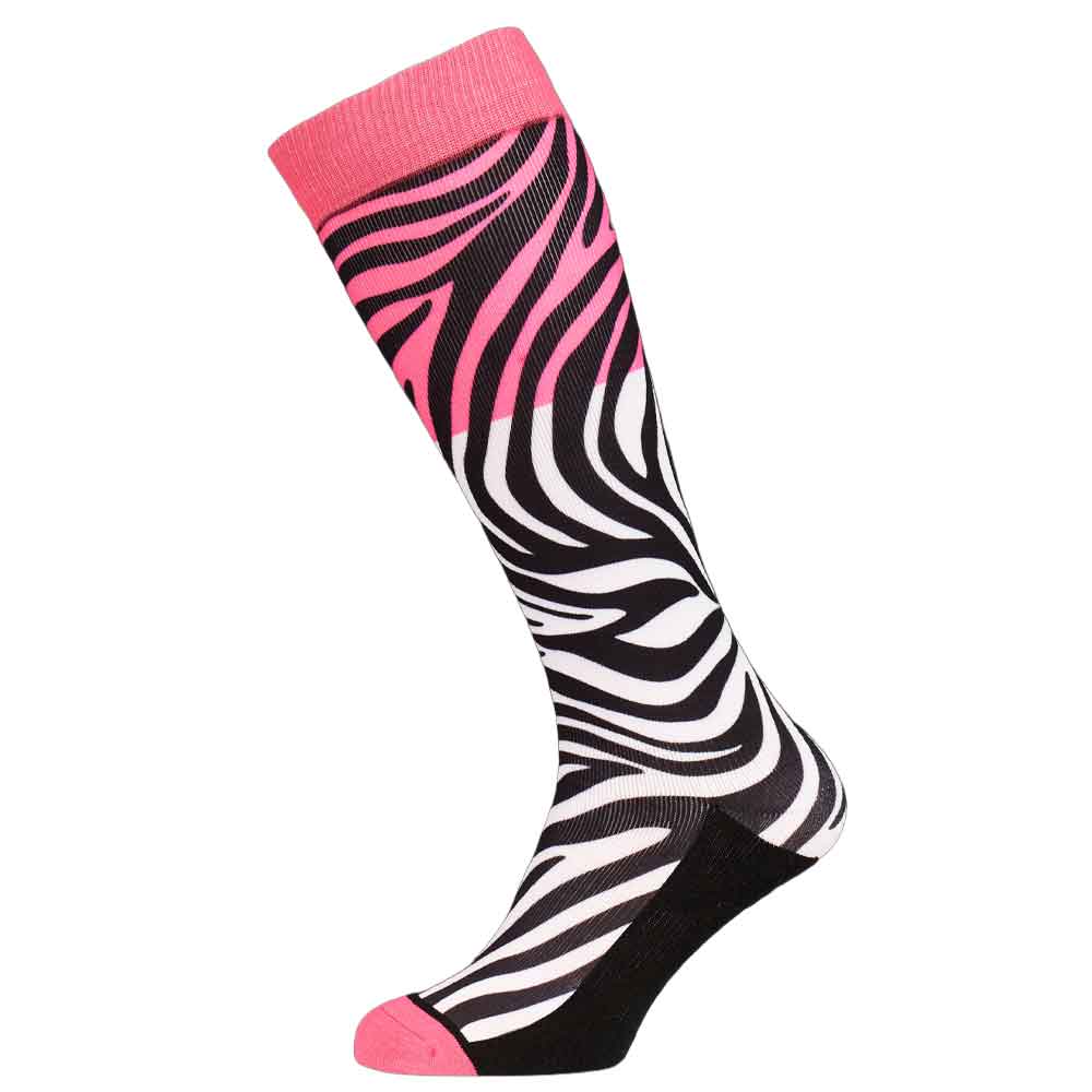 pink whiite and black ski snowboard socks with zebra print
