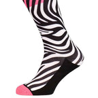 pink whiite and black ski snowboard socks with zebra print