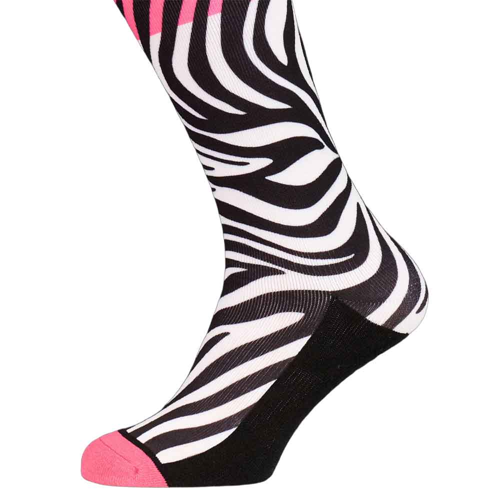 pink whiite and black ski snowboard socks with zebra print
