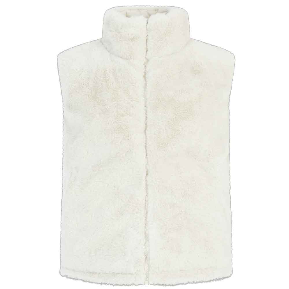 A sleeveless, high-collar fleece vest in a warm off-white or cream color, shown against a plain white background.