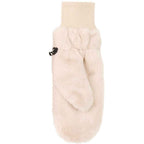 A single cream-colored faux fur mitten with a ribbed knit cuff and a small black decorative tag on the side.