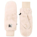 A pair of fuzzy knit mittens in off white. One mitten is oriented vertically, showing the ribbed cuff and a small black and white brand patch,