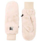 A pair of fuzzy knit mittens in off white. One mitten is oriented vertically, showing the ribbed cuff and a small black and white brand patch,