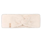 A plush, fuzzy twist-front headband in a warm cream or off-white color, featuring a small tan fabric brand tag on the left side that reads 'oritest'. The product is photographed flat against a solid white background.