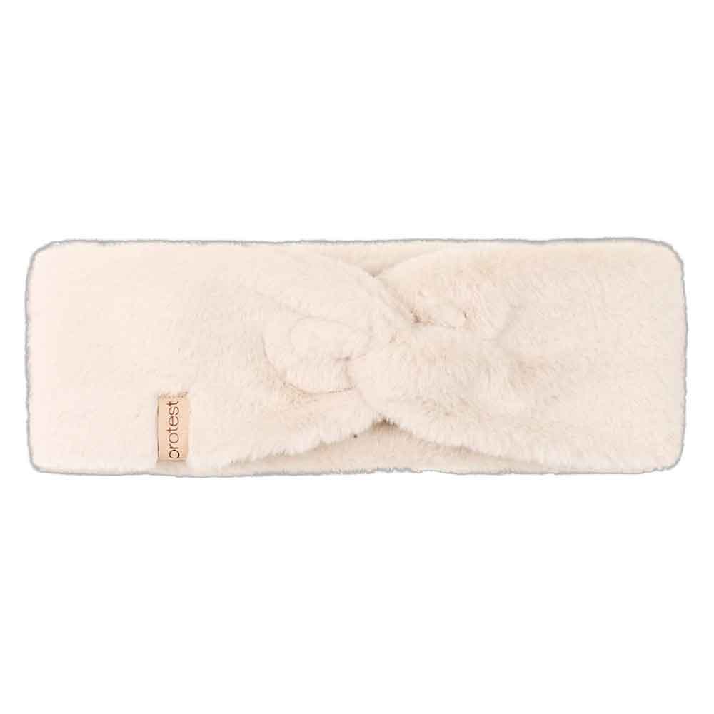 A plush, fuzzy twist-front headband in a warm cream or off-white color, featuring a small tan fabric brand tag on the left side that reads 'oritest'. The product is photographed flat against a solid white background.
