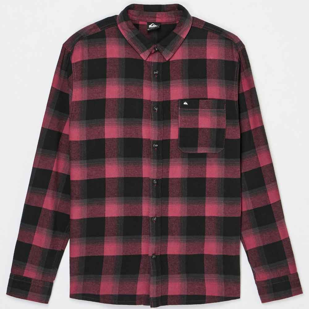 A long-sleeve button-up flannel shirt in a red and black plaid pattern, featuring a chest pocket with a small white logo on the left chest, photographed flat against a light gray background.