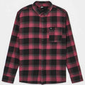 A long-sleeve button-up flannel shirt in a red and black plaid pattern, featuring a chest pocket with a small white logo on the left chest, photographed flat against a light gray background.