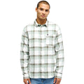 A man wearing a long-sleeve button-up plaid shirt in white, sage green, and brown, paired with blue jeans, against a plain white background.