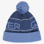 A navy blue knit beanie with a light blue pom-pom and folded cuff, featuring light blue and white knit lettering and decorative stripes.