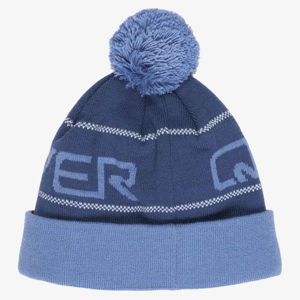 A navy blue knit beanie with a light blue pom-pom and folded cuff, featuring light blue and white knit lettering and decorative stripes.