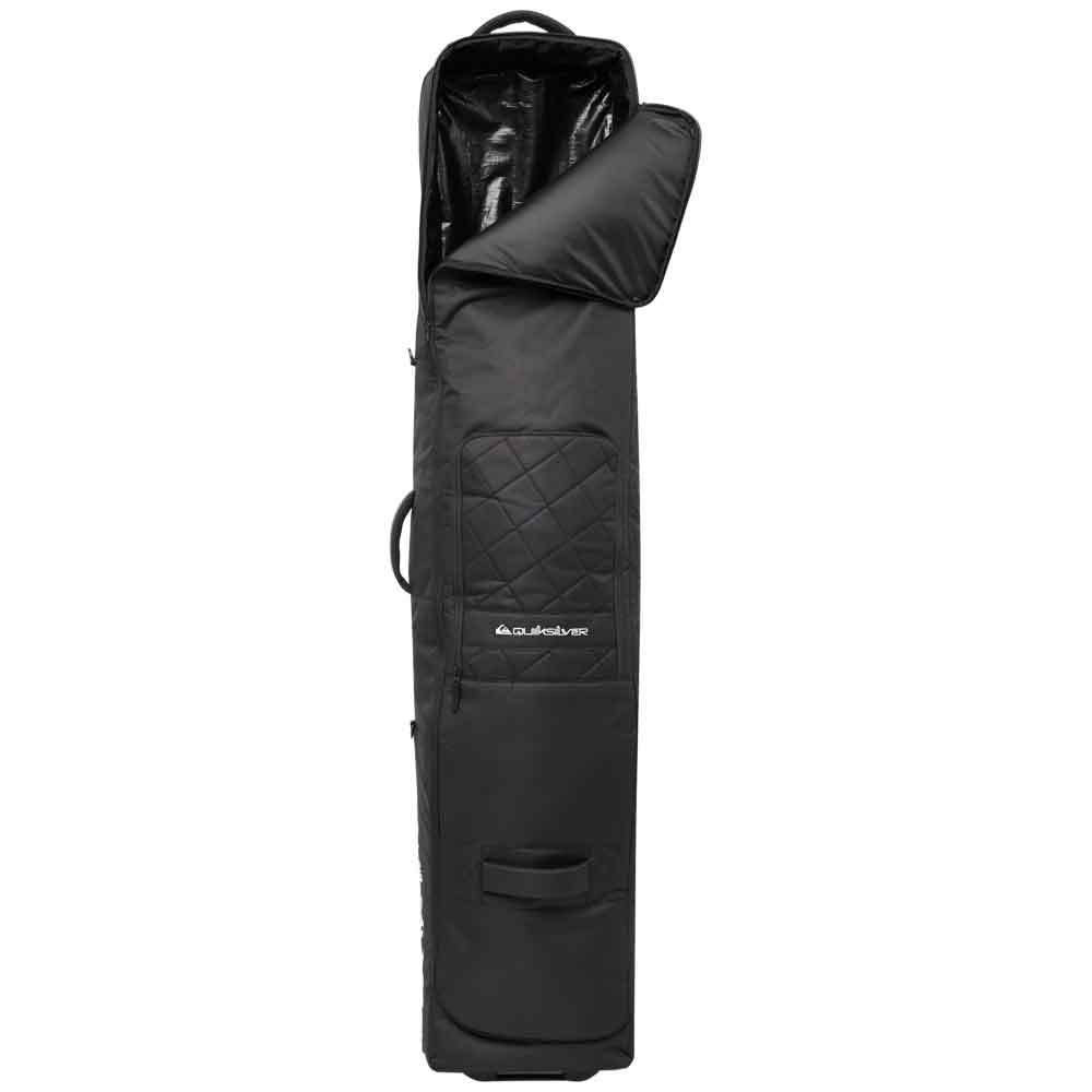 A black Quiksilver snowboard bag with a long shoulder strap, featuring a quilted diamond pattern on the front pocket and a white Quiksilver logo on the side, set against a plain white background.