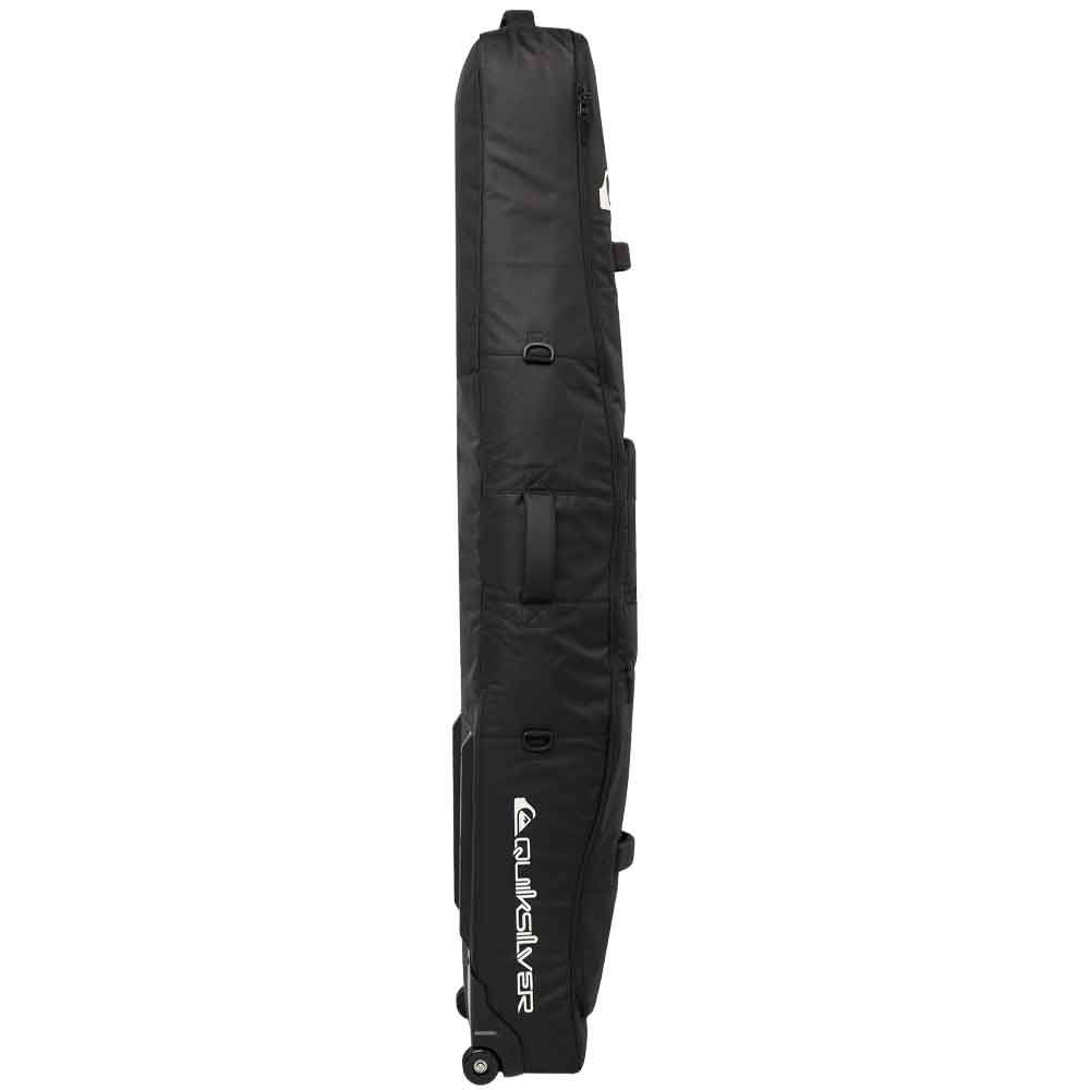 A black Quiksilver hard-shell snowboard bag with wheels, shown in a side profile view against a plain white background.