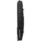 A black Quiksilver hard-shell snowboard bag with wheels, shown in a side profile view against a plain white background.