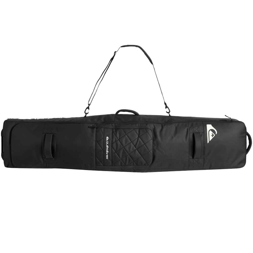 A black Quiksilver snowboard bag with a long shoulder strap, featuring a quilted diamond pattern on the front pocket and a white Quiksilver logo on the side, set against a plain white background.