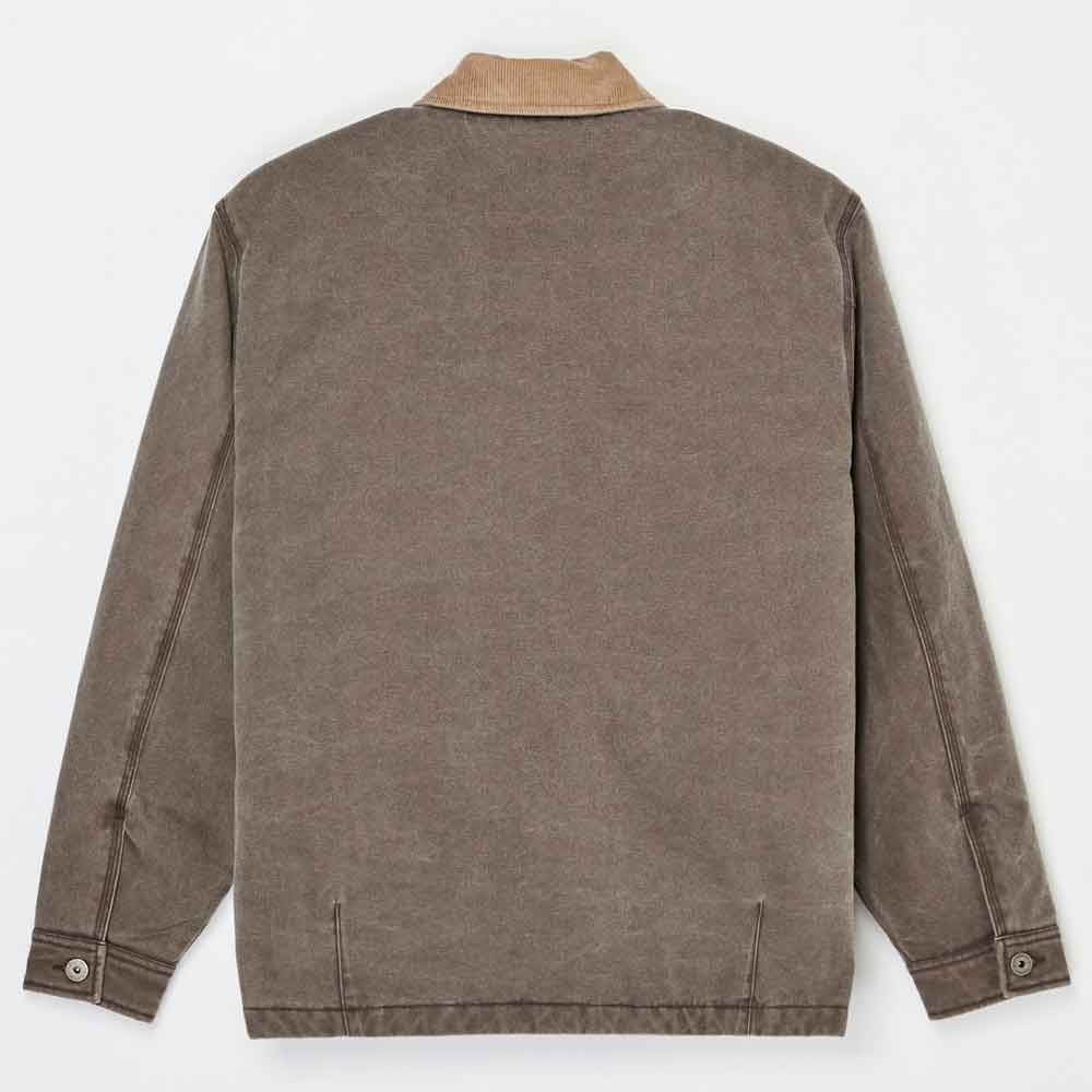 The back view of a brown corduroy jacket with a tan collar, laid flat against a white background.