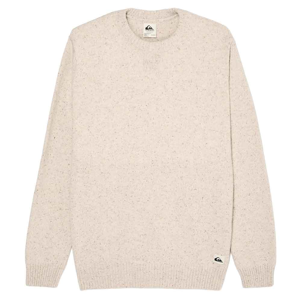 A cream-colored knit sweater with subtle speckled flecks, featuring a crew neck, ribbed cuffs, and a small Quiksilver logo near the lower hem.