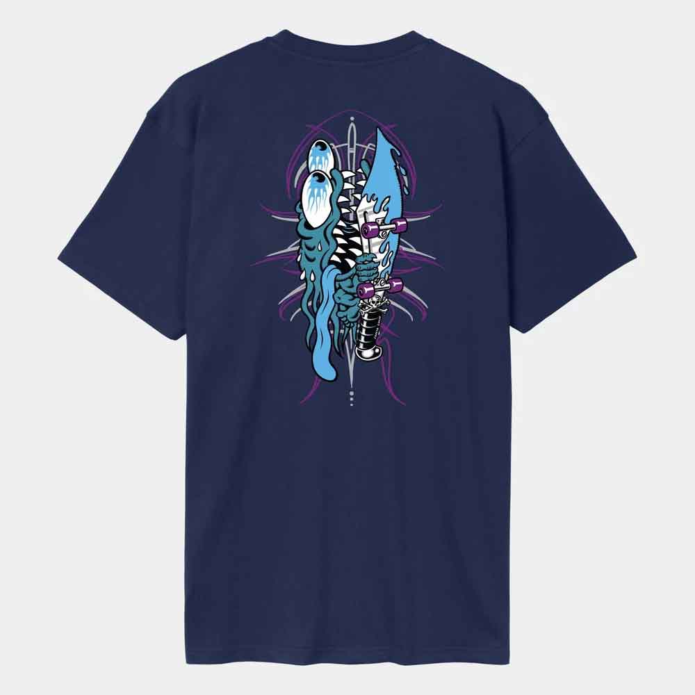 A navy blue short-sleeve t-shirt with a large graphic print on the back, featuring a stylized blue lobster and a zebra-striped character with a sword, set against a light gray background.
