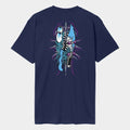 A navy blue short-sleeve t-shirt with a large graphic print on the back, featuring a stylized blue lobster and a zebra-striped character with a sword, set against a light gray background.